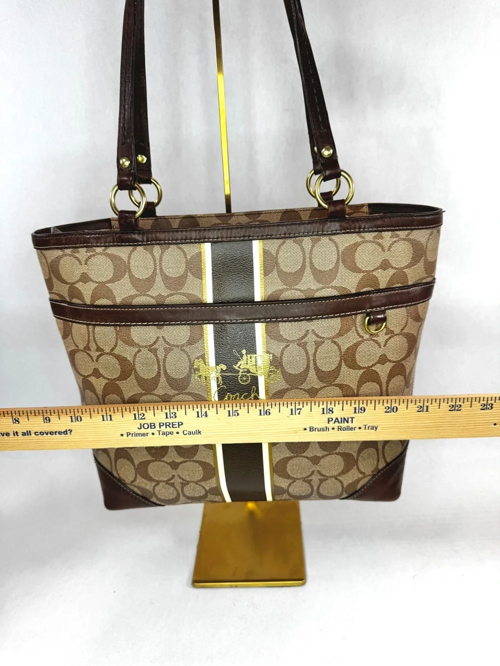 Coach Signature Stripe Tote Bag Brown Jacquard Canvas & Leather Shoulder Bag